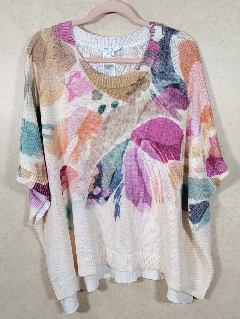 I133 Chico's Cream Sweater with Pink, Teal & Purple Watercolor Floral L/XL